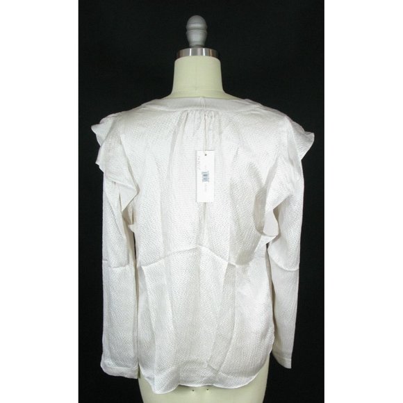 REBECCA TAYLOR Size 2 Ivory Long Sleeve Ruffle Hammered Silk V neck Blouse Top - Picture 3 of 4